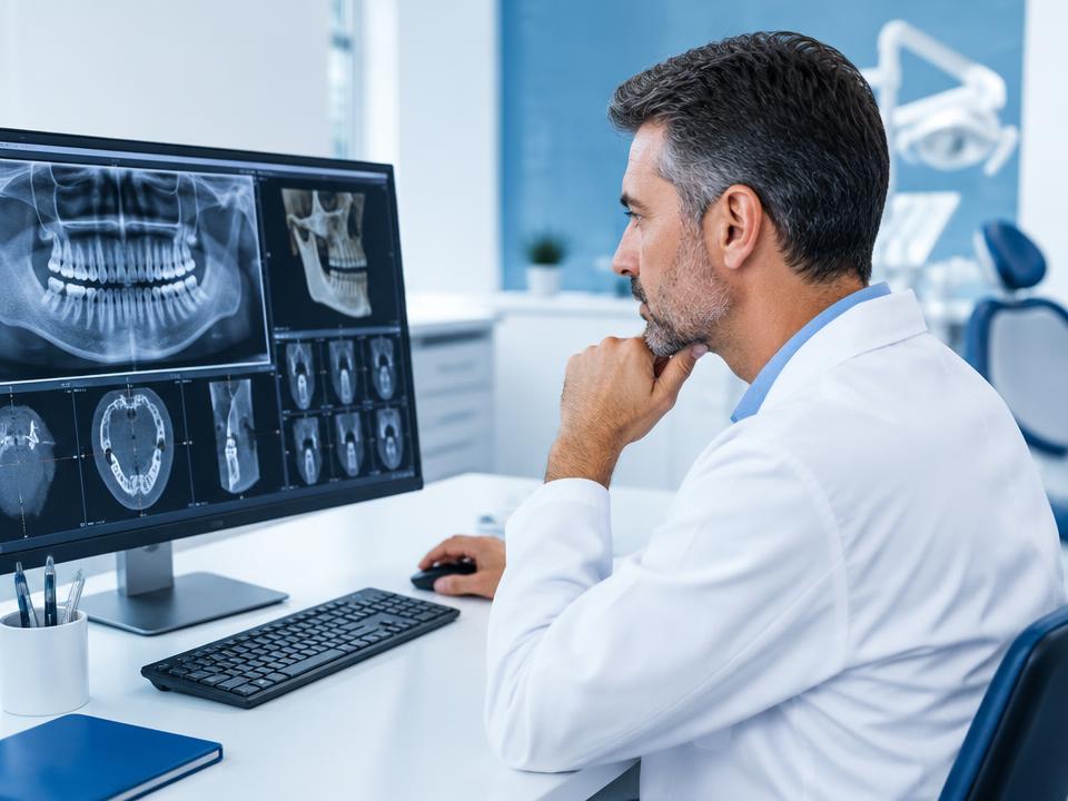 Especialista avaliando exames odontológicos