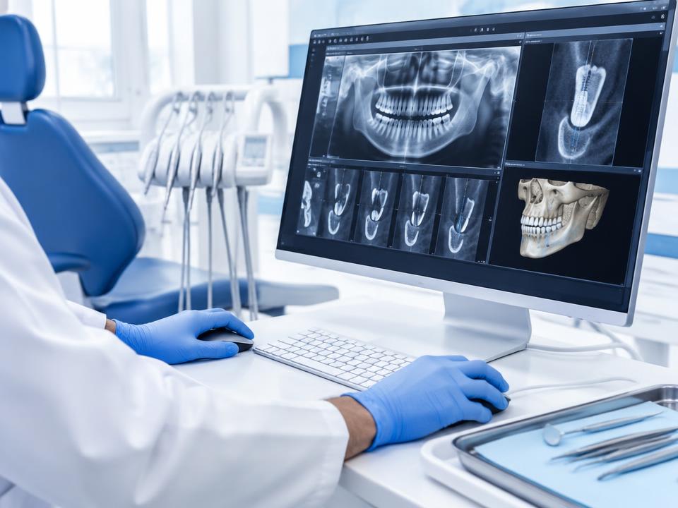 Exames odontológicos sendo enviados em estação clínica